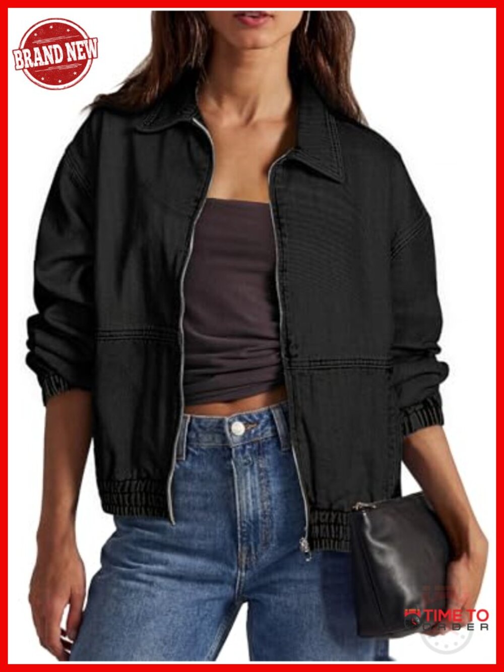 Oversized Denim Jacket Distressed Zip-Up Casual Jean Jacket Women